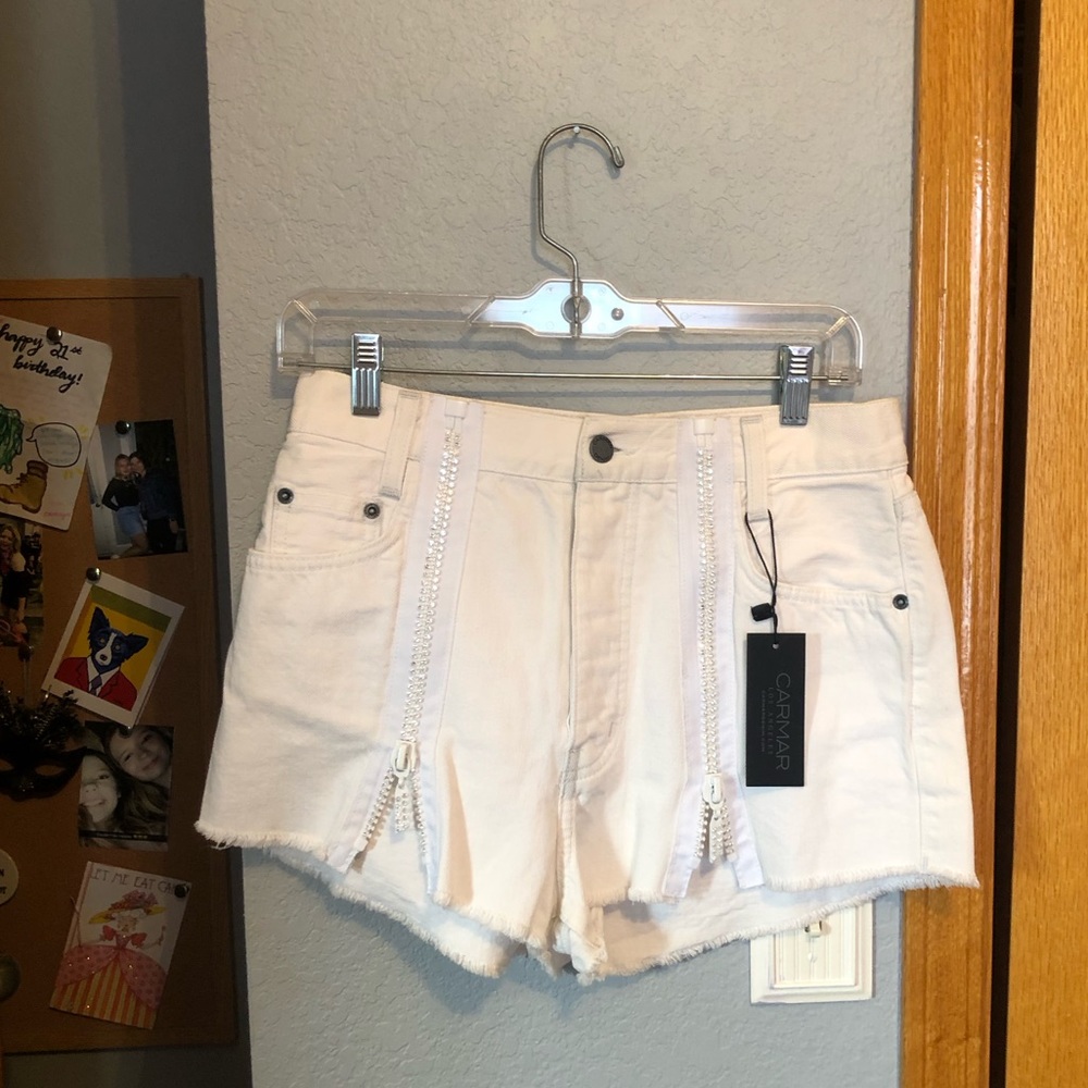 carmar rhinestone double zip jean shorts